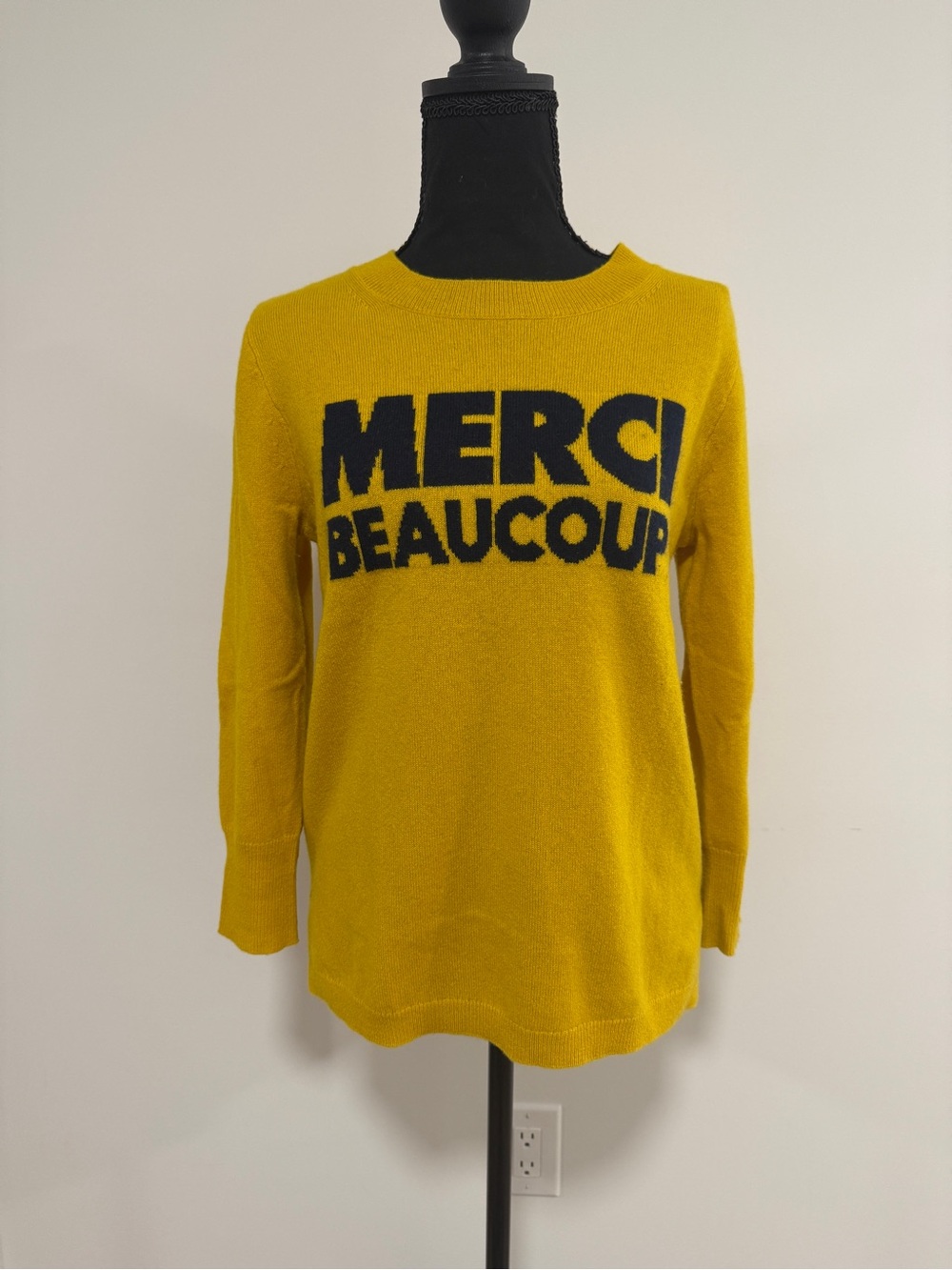 NWOT J. Crew 100% Cashmere Mustard Yellow 'MERCI BEAUCOUP' Crewneck Sweater